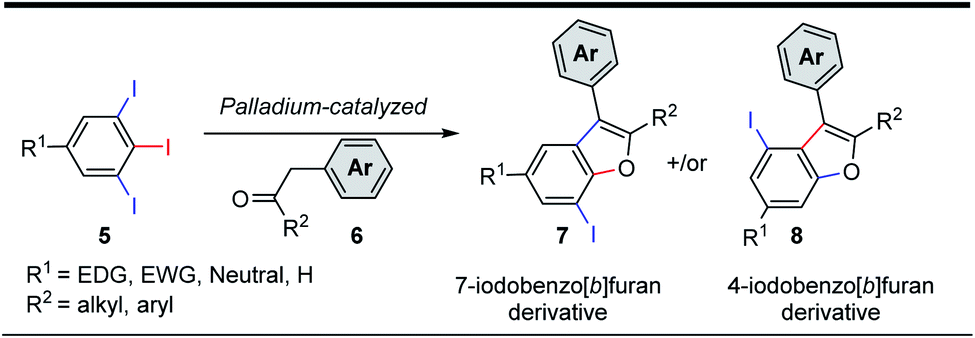Domino C–C/C–O bond formation: palladium-catalyzed regioselective synthesis  of 7-iodobenzo[ b ]furans using 1,2,3-triiodobenzenes and benzylketones -  RSC Advances (RSC Publishing) DOI:10.1039/D1RA05730H