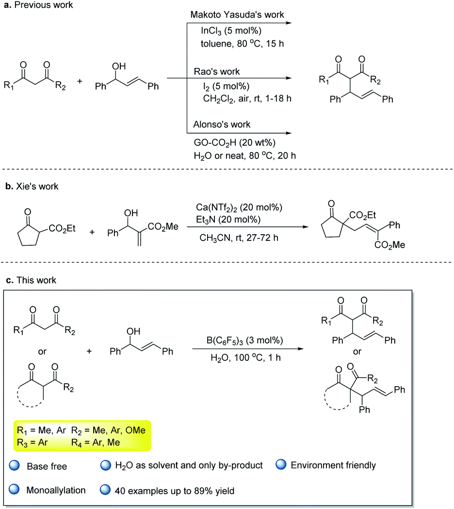 Boron Catalyzed Dehydrative Allylation Of 1 3 Diketones And B Ketone Esters With 1 3 Diarylallyl Alcohols In Water Rsc Advances Rsc Publishing