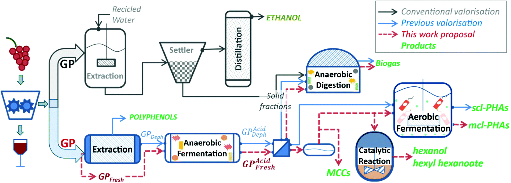 Upgrading grape pomace contained ethanol into hexanoic acid, fuel ...