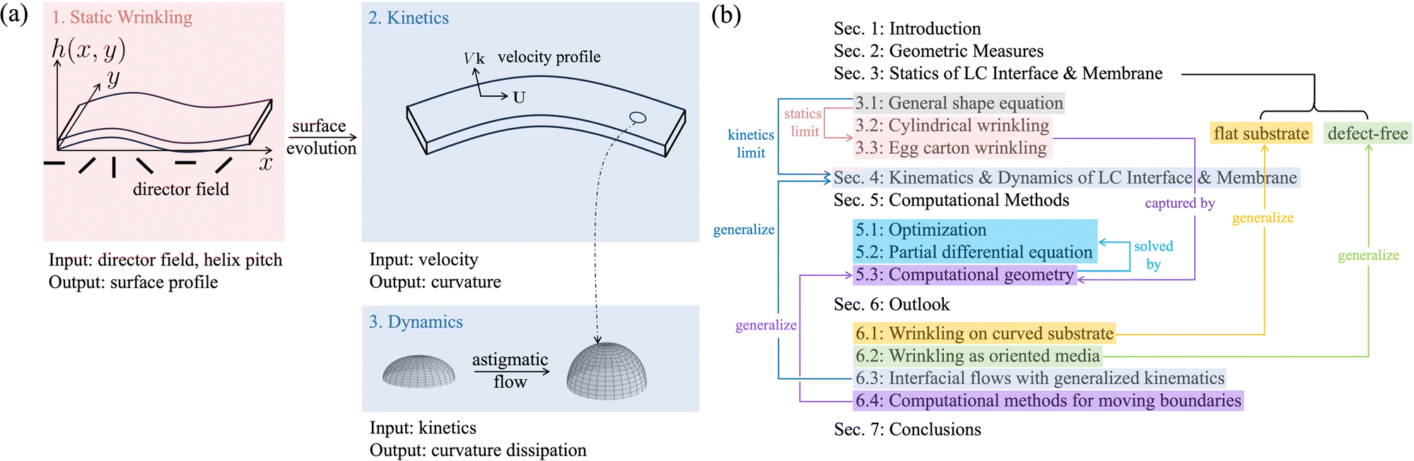 Geometry-structure models for liquid crystal interfaces, drops and