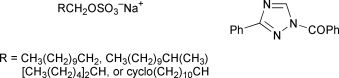 Graphical abstract: The hydrolysis of C12 primary alkyl sulfates in concentrated aqueous solutions. Part 2. Influence of alkyl structure on hydrolytic reactivity in concentrated aqueous mixtures of sodium primary alkyl sulfates: 1-benzoyl-3-phenyl-1,2,4-triazole as a probe of water activity