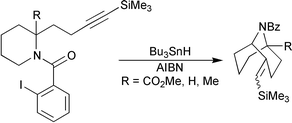 Graphical abstract: A new entry to 9-azabicyclo[3.3.1]nonanes using radical translocation/cyclisation reactions of 2-(but-3-ynyl)-1-(o-iodobenzoyl)piperidines