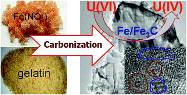 Graphical abstract: Fabrication of Fe/Fe3C@porous carbon sheets from biomass and their application for simultaneous reduction and adsorption of uranium(vi) from solution