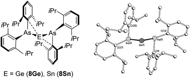 Graphical abstract: A diarsagermylene and a diarsastannylene stabilised by arene⋯Ge/Sn interactions