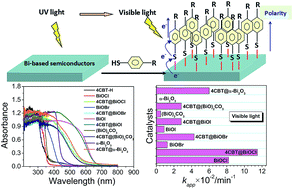 Graphical abstract: Enhancing the photocatalytic activity of BiOX (X = Cl, Br, and I), (BiO)2CO3 and Bi2O3 by modifying their surfaces with polar organic anions, 4-substituted thiophenolates