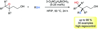 Graphical abstract: Boronic acid-catalysed C-3 selective ring opening of 3,4-epoxy alcohols with thiophenols and thiols