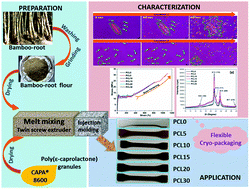 Graphical abstract: Bamboo-flour-filled cost-effective poly(ε-caprolactone) biocomposites: a potential contender for flexible cryo-packaging applications