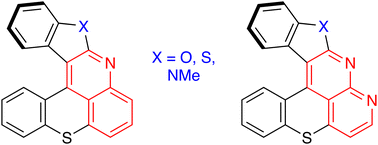 Graphical abstract: From benzofuro-, benzothieno- and 10-methylindolo-[2,3-b]-fused benzothiopyrano[4,3,2-de]quinolines to the corresponding benzothiopyrano[4,3,2-de]1,8-naphthyridines: synthesis and properties of these hexacyclic heteroaromatic compounds