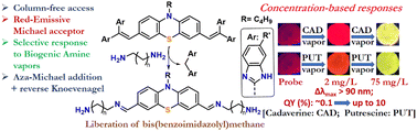 Graphical abstract: Tetra-benzimidazoles flanking divinyl-phenothiazine: AIEgens as aza-Michael acceptors in concentration-tuned responses to biogenic amine vapors