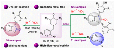 Graphical abstract: A one-pot synthesis of 2,3-dihydrobenzofurans, benzofuran-2(3H)-ones, and indoles via a [4 + 1] annulation reaction of ortho-substituted para-quinone methides and bromonitromethane