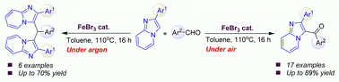 Graphical abstract: FeBr3-catalysed synthesis of 3-aroylimidazo[1,2-a]pyridine and 3,3′-(arylmethylene)bis(2-phenylimidazo[1,2-a]pyridines) derivatives from 2-arylimidazo[1,2-a]pyridines and aromatic aldehydes: an investigation about mechanistic insights