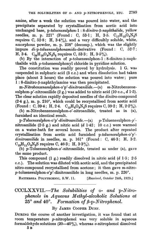 CCCLXXVII.—The solubilities of o- and p-nitrophenols in aqueous methyl-alcoholic solutions at 25° and 40°. Formation of β-p-nitrophenol