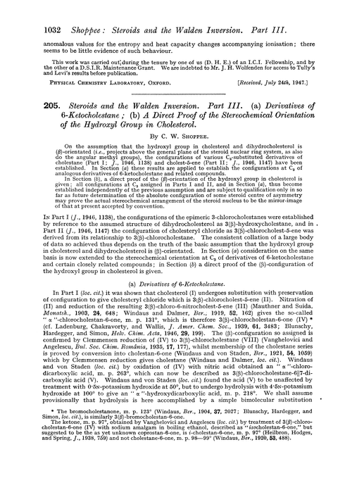 205. Steroids and the Walden inversion. Part III. (a) Derivatives of 6-ketocholestane; (b) a direct proof of the stereochemical orientation of the hydroxyl group in cholesterol
