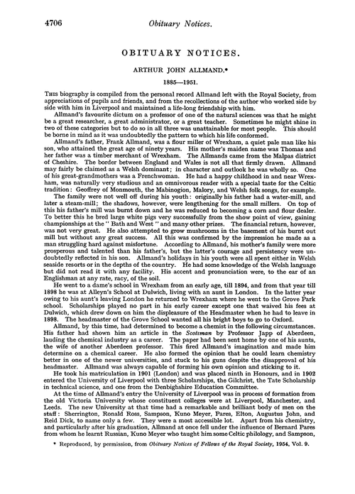 Obituary notices: Arthur John Allmand, 1885–1951; Marston Taylor Bogert, 1868–1954; Hugh Griffiths, 1891–1954; Lawson John Huddleston; Anthony Lewis Levy, 1924–1954; Charles Robert Sydney Tenniswood, 1906–1954
