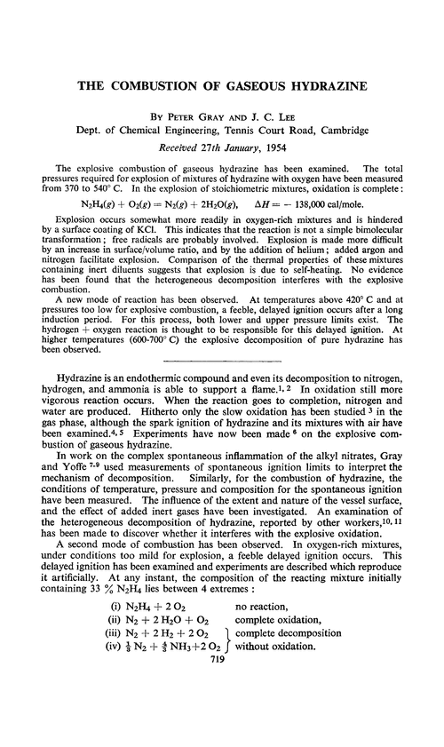 The combustion of gaseous hydrazine