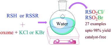Graphical abstract: Oxyhalogenation of thiols and disulfides into sulfonyl chlorides/bromides using oxone-KX (X = Cl or Br) in water