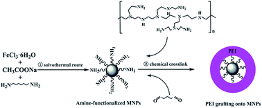 Graphical abstract: Highly stable and covalently functionalized magnetic nanoparticles by polyethyleneimine for Cr(vi) adsorption in aqueous solution