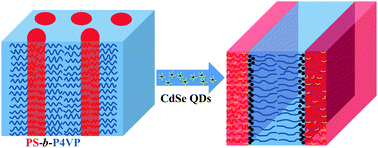 Graphical abstract: Ligand displacement induced morphologies in block copolymer/quantum dot hybrids and formation of core–shell hybrid nanoobjects