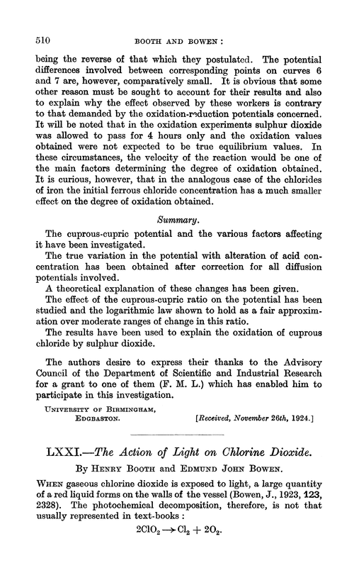 LXXI.—The action of light on chlorine dioxide