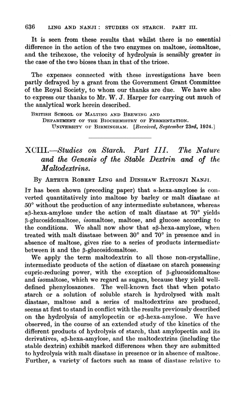 XCIII.—Studies on starch. Part III. The nature and the genesis of the stable dextrin and of the maltodextrins