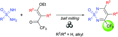 Graphical abstract: Synthesis of trifluoromethyl-substituted 1,2,6-thiadiazine 1-oxides from sulfonimidamides under mechanochemical conditions