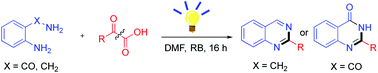 Graphical abstract: Synthesis of quinazoline by decarboxylation of 2-aminobenzylamine and α-keto acid under visible light catalysis