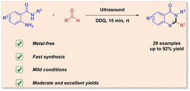 Graphical abstract: Ultrasound-assisted condensation cyclization reaction: fast synthesis of quinazolinones from o-aminobenzamides and aldehydes under ambient conditions