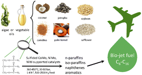 Graphical abstract: Hydroprocessing of biomass feedstock over sulfided CoMo-, NiMo-, and NiW-supported catalysts for bio-jet fuel component production: a review