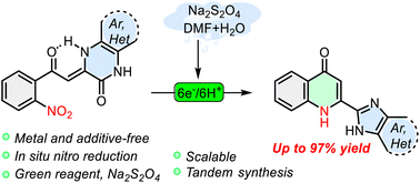 Graphical abstract: Direct transition-metal-free synthesis of 2-heteroaryl-4-quinolones via ANRORC type rearrangement of 3-(2-(2-nitrophenyl)-2-oxoethyl)quinoxalin-2(1H)-ones