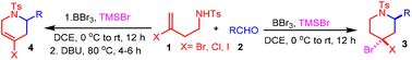 Graphical abstract: Selective synthesis of gem-dihalopiperidines and 4-halo-1,2,3,6-tetrahydropyridines from halogen substituted homoallylic benzenesulfonamides and aldehydes
