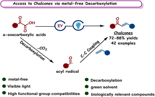 Graphical abstract: Visible-light-induced decarboxylative acylation of unsaturated hydrocarbons with α-oxocarboxylic acid via Csp2–Csp2 cross-coupling: a facile access to chalcones
