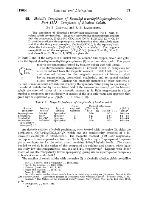 18. Metallic complexes of dimethyl-o-methylthiophenylarsine. Part III. Complexes of bivalent cobalt