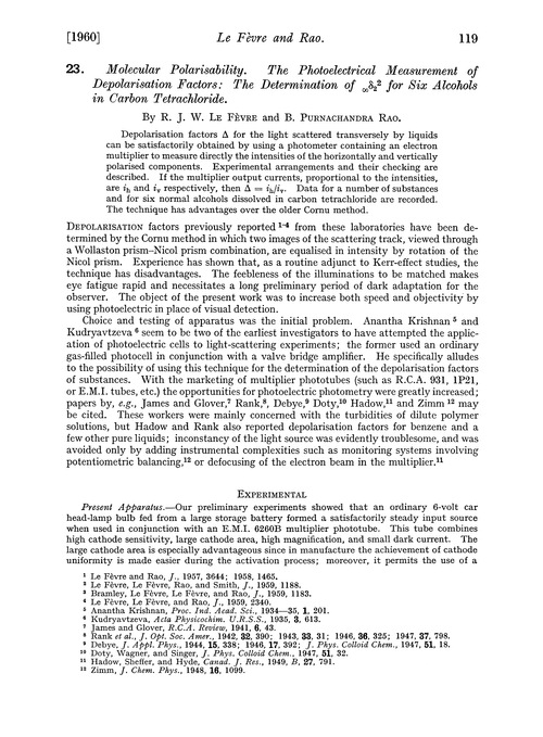 23. Molecular polarisability. The photoelectrical measurement of depolarisation factors: the determination of ∞δ22 for six alcohols in carbon tetrachloride