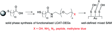Graphical abstract: Solid phase synthesis of functionalised SAM-forming alkanethiol–oligoethyleneglycols