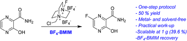 Graphical abstract: One-step synthesis of favipiravir from Selectfluor® and 3-hydroxy-2-pyrazinecarboxamide in an ionic liquid