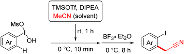 Graphical abstract: Reductive ortho-cyanomethylation of aryl iodanes with MeCN via one-pot iodonium-Claisen rearrangement
