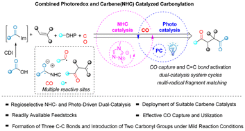 Graphical abstract: N-Heterocyclic carbene-/photoredox-catalyzed regioselective carbonylation of alkenes