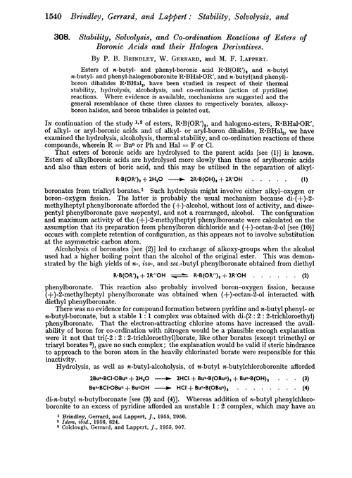 308. Stability, solvolysis, and co-ordination reactions of esters of boronic acids and their halogen derivatives