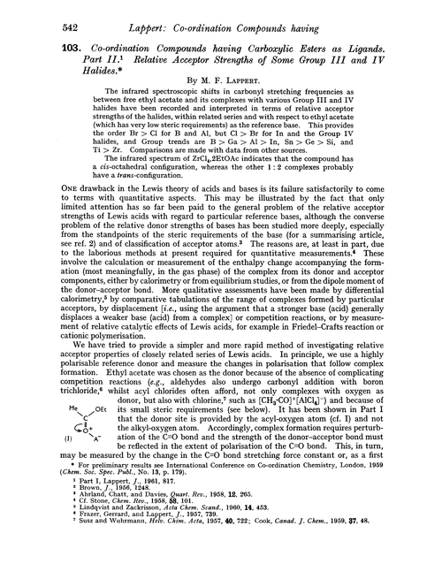 103. Co-ordination compounds having carboxylic esters as ligands. Part II. Relative acceptor strengths of some Group III and IV halides