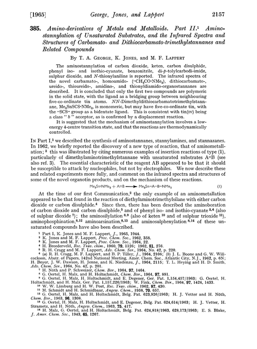 385. Amino-derivatives of metals and metalloids. Part II. Aminostannylation of unsaturated substrates, and the infrared spectra and structures of carbamato- and dithiocarbamato-trimethylstannanes and related compounds