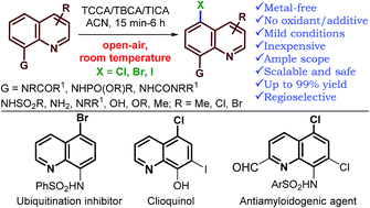 Graphical abstract: A general method for the metal-free, regioselective, remote C–H halogenation of 8-substituted quinolines