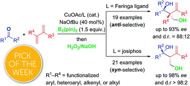 Graphical abstract: Ligand-controlled diastereodivergent, enantio- and regioselective copper-catalyzed hydroxyalkylboration of 1,3-dienes with ketones