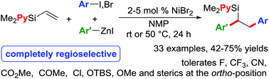 Graphical abstract: Ni-catalysed regioselective 1,2-diarylation of unactivated olefins by stabilizing Heck intermediates as pyridylsilyl-coordinated transient metallacycles