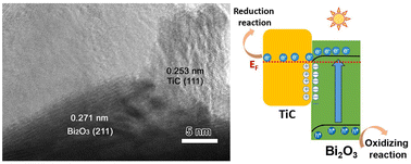 Graphical abstract: Non-noble-metal TiC-nanoparticle-promoted charge separation and photocatalytic degradation performance on Bi2O3 microrods: degradation pathway and mechanism investigation