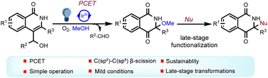 Graphical abstract: Synthesis of isoquinolin-1,4-diones via photocatalytic C(sp2)–C(sp3)-scission/oxidation of 4-(hydroxy(aryl)methyl)-isoquinolin-1(2H)-ones