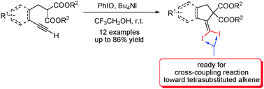 Graphical abstract: Hypervalent iodine-mediated regioselective cyclization of acetylenic malonates: facile synthesis of 1-diiodomethylene indane and cyclopentane derivatives