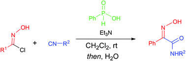 Graphical abstract: Phosphinic acid-promoted addition reaction of isocyanides to (Z)-hydroximoyl chlorides: efficient synthesis of α-(hydroxyimino)amides