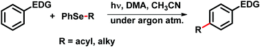 Graphical abstract: p-Selective (sp2)-C–H functionalization for an acylation/alkylation reaction using organic photoredox catalysis
