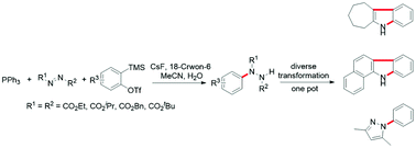 Graphical abstract: A new approach to arylhydrazides via the reaction of the Mitsunobu reagent with arynes: further application to access diverse nitrogen-containing heterocycles in one pot