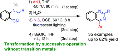 Graphical abstract: Preparation of 4-arylquinazolines with o-(N-alkyl,N-p-tosyl)aminobenzonitriles, aryllithiums, and NIS